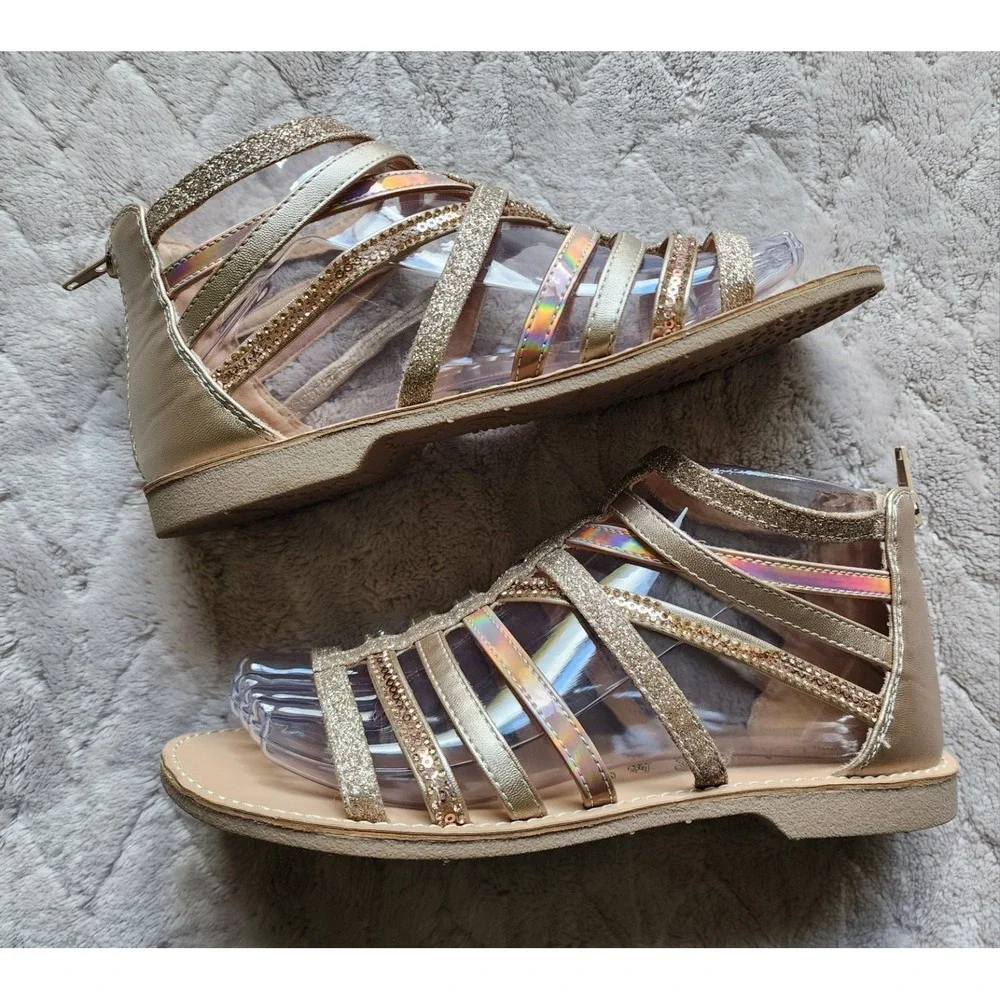 Olive & Edie Gold Strappy Gladiator Sandals Girls Size 5 Maya Glitter Iridescent